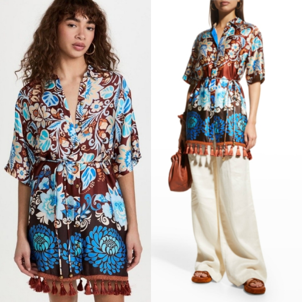 NWT Alexis Emotion Tunic Mini Dress Button Up Tie Waist Tassels Blue Brown XS